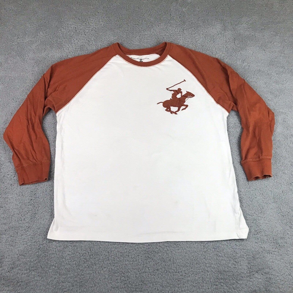 Beverly Hills Polo Club Shirt Men XL White Orange Big Pony Raglan Long Sleeve